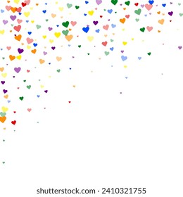 Flying hearts for valentine's day.  Rainbow colored scattered hearts. LGBT valentine card.  Beautiful flying hearts vector illustration.