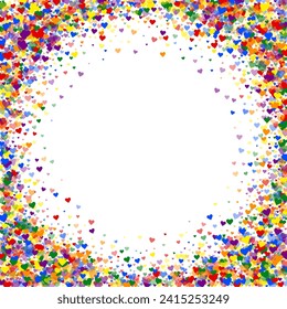 Flying hearts for valentine's day.  Rainbow colored scattered hearts. LGBT valentine card.  Beautiful flying hearts vector illustration.