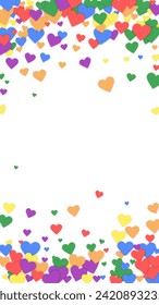 Flying hearts for valentine's day.  Rainbow colored scattered hearts. LGBT valentine card.  Beautiful flying hearts vector illustration.