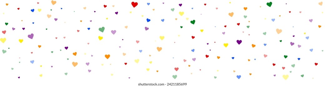 Flying hearts for valentine's day.  Rainbow colored scattered hearts. LGBT valentine card.  Beautiful flying hearts vector illustration.