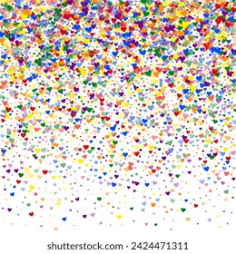 Flying hearts for valentine's day.  Rainbow colored scattered hearts. LGBT valentine card.  Beautiful flying hearts vector illustration.