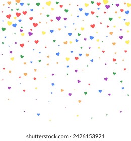 Flying hearts for valentine's day. Rainbow colored scattered hearts. LGBT valentine card. Beautiful flying hearts vector illustration.