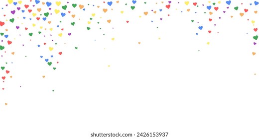 Flying hearts for valentine's day. Rainbow colored scattered hearts. LGBT valentine card. Beautiful flying hearts vector illustration.