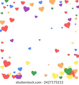 Flying hearts for valentine's day.  Rainbow colored scattered hearts. LGBT valentine card.  Beautiful flying hearts vector illustration.