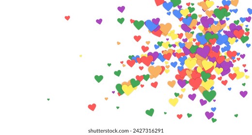 Flying hearts for valentine's day.  Rainbow colored scattered hearts. LGBT valentine card.  Beautiful flying hearts vector illustration.