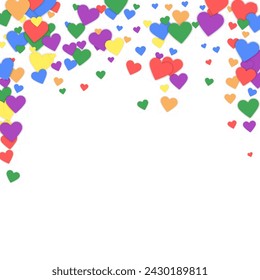 Flying hearts for valentine's day.  Rainbow colored scattered hearts. LGBT valentine card.  Beautiful flying hearts vector illustration.