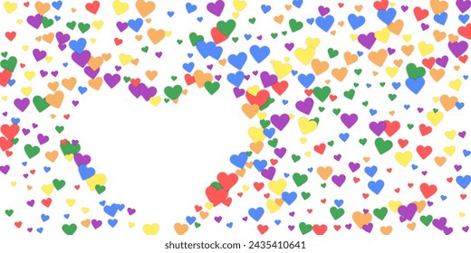 Flying hearts for valentine's day.  Rainbow colored scattered hearts. LGBT valentine card.  Beautiful flying hearts vector illustration.