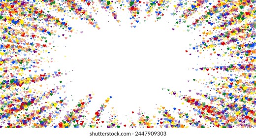 Flying hearts for valentine's day.  Rainbow colored scattered hearts. LGBT valentine card.  Beautiful flying hearts vector illustration.