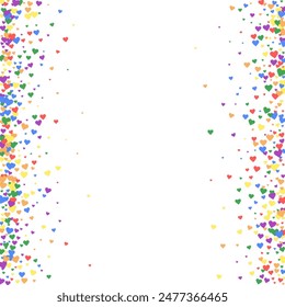 Flying hearts for valentine's day.  Rainbow colored scattered hearts. LGBT valentine card.  Beautiful flying hearts vector illustration.