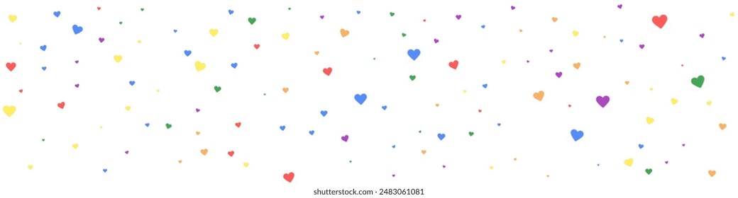 Flying hearts for valentine's day.  Rainbow colored scattered hearts. LGBT valentine card.  Beautiful flying hearts vector illustration.