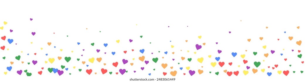 Flying hearts for valentine's day.  Rainbow colored scattered hearts. LGBT valentine card.  Beautiful flying hearts vector illustration.