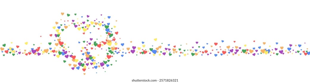 Flying hearts for valentine's day.  Rainbow colored scattered hearts. LGBT valentine card.  Beautiful flying hearts vector illustration.