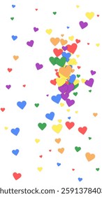 Flying hearts for valentine's day.  Rainbow colored scattered hearts. LGBT valentine card.  Beautiful flying hearts vector illustration.