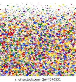 Flying hearts for valentine's day.  Rainbow colored scattered hearts. LGBT valentine card.  Beautiful flying hearts vector illustration.