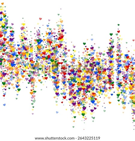 Flying hearts for valentine's day.  Rainbow colored scattered hearts. LGBT valentine card.  Beautiful flying hearts vector illustration.