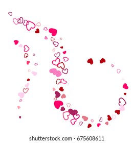 Flying hearts vector abstract background. Flowing curl pattern with flying red hearts confetti. Romantic feelings, love background vector. Card or banner backdrop template.