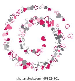 Flying hearts vector abstract background. Flowing curl pattern with flying red hearts confetti on white. Romantic feelings, love background vector. Card backdrop template.