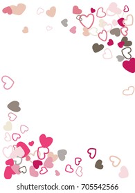 Flying hearts vector border corners. Background illustration with heart love symbols confetti for wedding invitation card, Valentine's day banner border. Romantic feelings relationships concept.