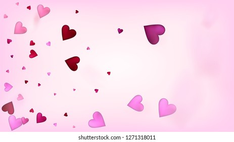 Flying Hearts Vector Confetti. Valentines Day Romantic Pattern. Beautiful Pink Border Valentines Day Decoration with Falling Down Hearts Confetti. Rich VIP Gift, Birthday Card, Poster Background