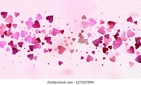 Flying Hearts Vector Confetti. Valentines Day Romantic Pattern. Trendy Gift, Birthday Card, Poster Background Valentines Day Decoration with Falling Down Hearts Confetti. Beautiful Pink Scatter