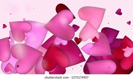 Flying Hearts Vector Confetti. Valentines Day Tender Pattern. Elegant Gift, Birthday Card, Poster Background Valentines Day Decoration with Falling Down Hearts Confetti. Beautiful Pink Sparkles