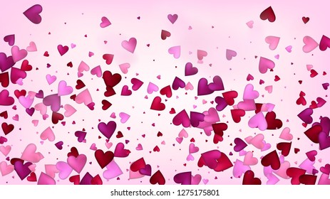 Flying Hearts Vector Confetti. Valentines Day Romantic Pattern. Rich VIP Gift, Birthday Card, Poster Background Valentines Day Decoration with Falling Down Hearts Confetti. Beautiful Pink Frame