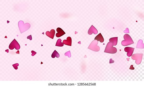 Flying Hearts Vector Confetti. Valentines Day Romantic Pattern. Elegant Gift, Birthday Card, Poster Background Valentines Day Decoration with Falling Down Hearts Confetti. Beautiful Pink Scatter