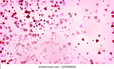 Flying Hearts Vector Confetti. Valentines Day Romantic Pattern. Trendy Gift, Birthday Card, Poster Background Valentines Day Decoration with Falling Down Hearts Confetti. Beautiful Pink Glitter