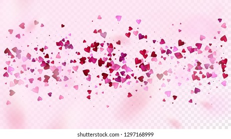 Flying Hearts Vector Confetti. Valentines Day Tender Pattern. Beautiful Pink Border Valentines Day Decoration with Falling Down Hearts Confetti. Elegant Gift, Birthday Card, Poster Background