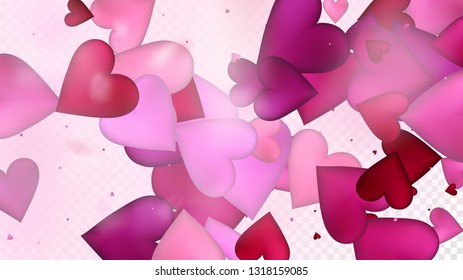 Flying Hearts Vector Confetti. Valentines Day Tender Pattern. Beautiful Pink Design Valentines Day Decoration with Falling Down Hearts Confetti. Modern Gift, Birthday Card, Poster Background