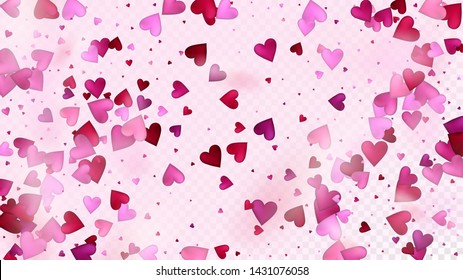 Flying Hearts Vector Confetti. Valentines Day Wedding Pattern. Beautiful Pink Sparkles Valentines Day Decoration with Falling Down Hearts Confetti. Trendy Gift, Birthday Card, Poster Background