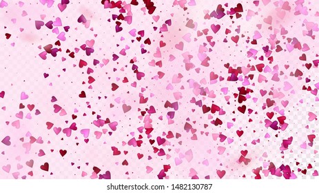 Flying Hearts Vector Confetti. Valentines Day Romantic Pattern. Beautiful Pink Frame Valentines Day Decoration with Falling Down Hearts Confetti. Elegant Gift, Birthday Card, Poster Background