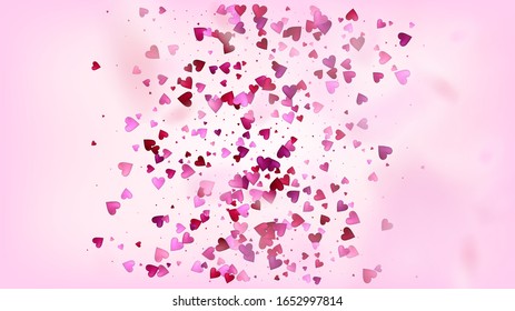Flying Hearts Vector Confetti. Valentines Day Wedding Pattern. Beautiful Pink Scatter Valentines Day Decoration with Falling Down Hearts Confetti. Modern Gift, Birthday Card, Poster Background
