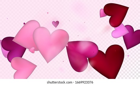 Flying Hearts Vector Confetti. Valentines Day Wedding Pattern. Beautiful Pink Scatter Valentines Day Decoration with Falling Down Hearts Confetti. Modern Gift, Birthday Card, Poster Background