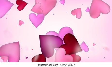 Flying Hearts Vector Confetti. Valentines Day Wedding Pattern. Beautiful Pink Sparkles Valentines Day Decoration with Falling Down Hearts Confetti. Rich VIP Gift, Birthday Card, Poster Background
