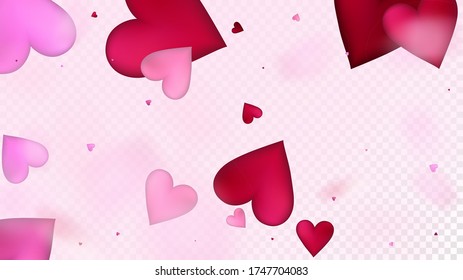 Flying Hearts Vector Confetti. Valentines Day Wedding Pattern. Beautiful Pink Scatter Valentines Day Decoration with Falling Down Hearts Confetti. Elegant Gift, Birthday Card, Poster Background