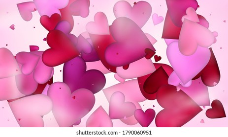 Flying Hearts Vector Confetti. Valentines Day Wedding Pattern. Beautiful Pink Design Valentines Day Decoration with Falling Down Hearts Confetti. Elegant Gift, Birthday Card, Poster Background