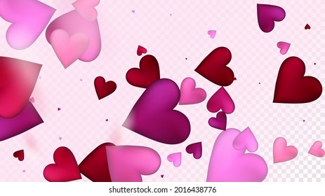 Flying Hearts Vector Confetti. Valentines Day Wedding Pattern. Beautiful Pink Glitter Valentines Day Decoration with Falling Down Hearts Confetti. Trendy Gift, Birthday Card, Poster Background