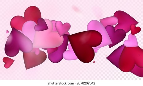 Flying Hearts Vector Confetti. Valentines Day Romantic Pattern. Luxury Gift, Birthday Card, Poster Background Valentines Day Decoration with Falling Down Hearts Confetti. Beautiful Pink Border