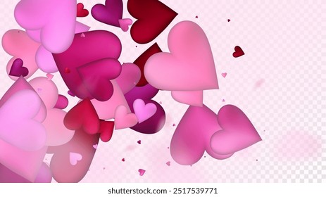 Flying Hearts Vector Confetti. Valentines Day Wedding Pattern. Beautiful Pink Border Valentines Day Decoration with Falling Down Hearts Confetti. Trendy Gift, Birthday Card, Poster Background