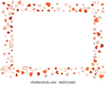 Flying hearts vector frame. Background illustration with love symbols confetti for wedding invitation card, Valentine's day banner. Romantic feelings, relationships concept. Border pattern design.