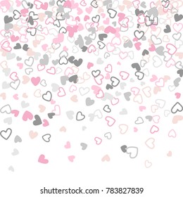 Flying hearts vector pattern. Background illustration with love symbols heart confetti flying for wedding invitation card, Valentine confetti banner. Pink grey romantic feelings relationships concept.