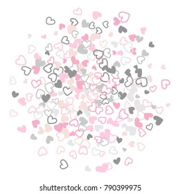 Flying hearts vector pattern. Background illustration with love symbols heart confetti flying for wedding invitation card, Valentine confetti banner. Pink grey romantic feelings relationships concept.