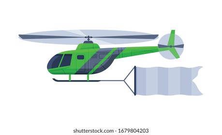 Flying Helicopter with Blank Horizontal Banner, Green Air Vehicle with White Ribbon for Advertising Flat Vector Illustration