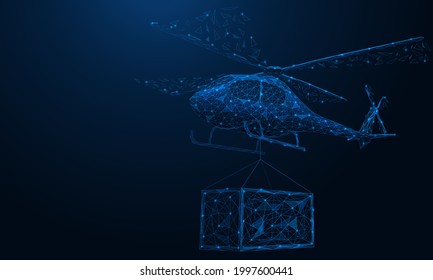 A flying helicopter with a cargo attached. Delivery of goods by air transport. Polygonal construction of lines and points. Blue background.