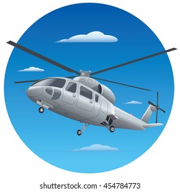 flying helicopter with chassis in the blue sky