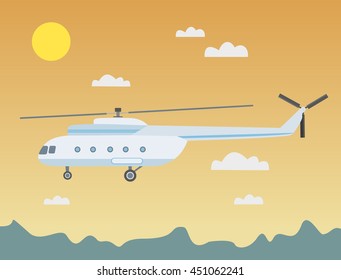 Flying a helicopter in the night sky over the mountains. Vector illustration.