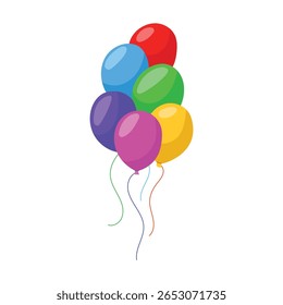 Flying helium bunch balloon, collection. Colored, shiny, transparency group balloons. Red, green, blue, yellow, orange. Vector illustration.