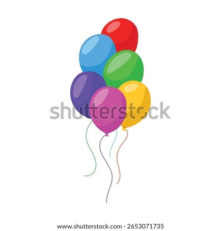 Flying helium bunch balloon, collection. Colored, shiny, transparency group balloons. Red, green, blue, yellow, orange. Vector illustration.