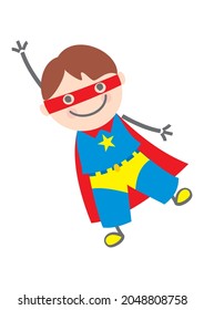 Flying hero, boy at carnival mask, cute vector illustration